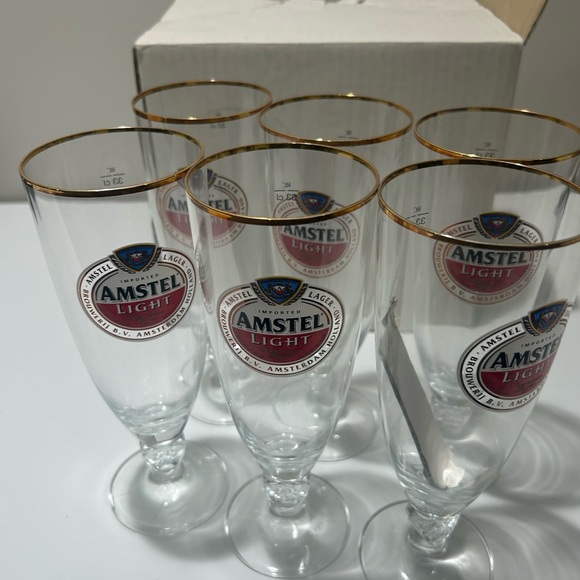 Brand New in Box Lot of 6–Amstel Light Stemmed Gold Trim Beer Glass 33CL - Picture 7 of 7